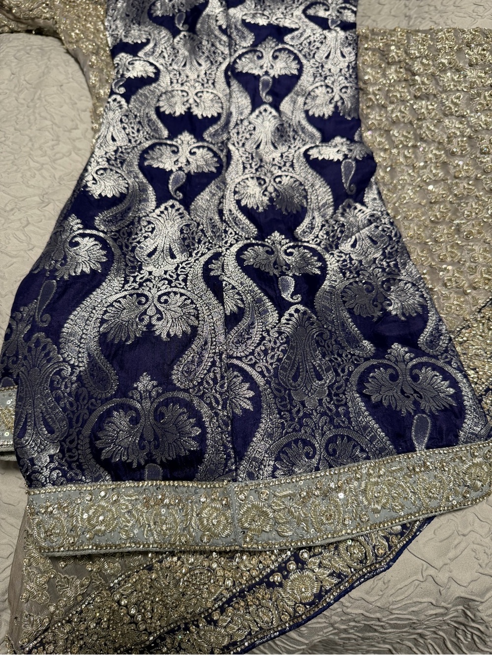 Elegant Navy and Silver Embroidered Wedding Dress